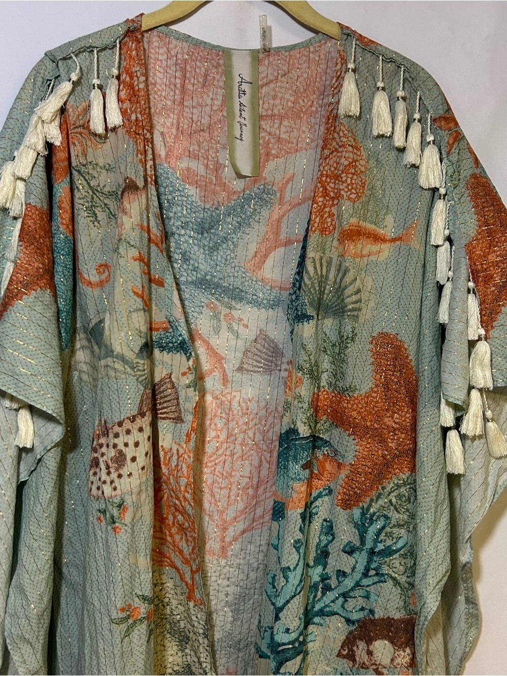 Aratta Silent Journey Ocean View Kimono Coverup One Size Boho Tassel Flowy - Picture 4 of 11